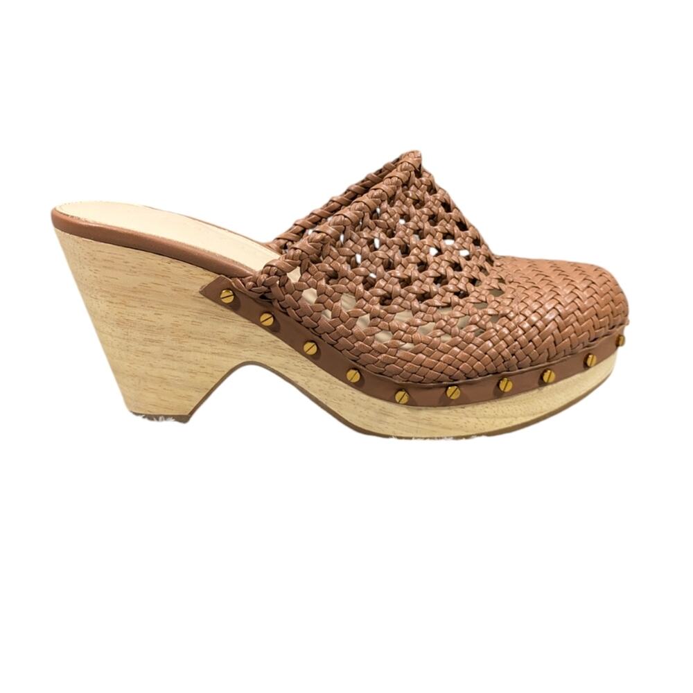 Veronica Beard Tan Woven Leather Clog Mules